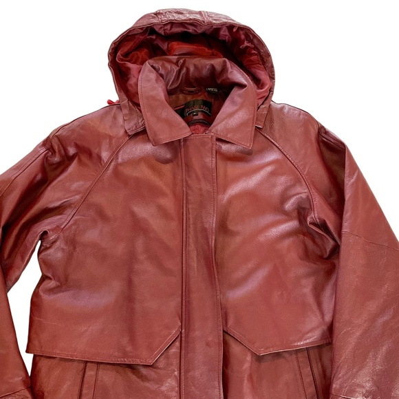 VTG 90s Phase Two Men’s XL Long Red Leather Jacket Removable Hood/Liner Parka - Picture 3 of 17